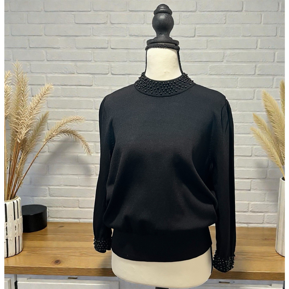 H&M Pearl Beaded Turtleneck Long Sleeve Knit Crop Sweater Women's Medium Black